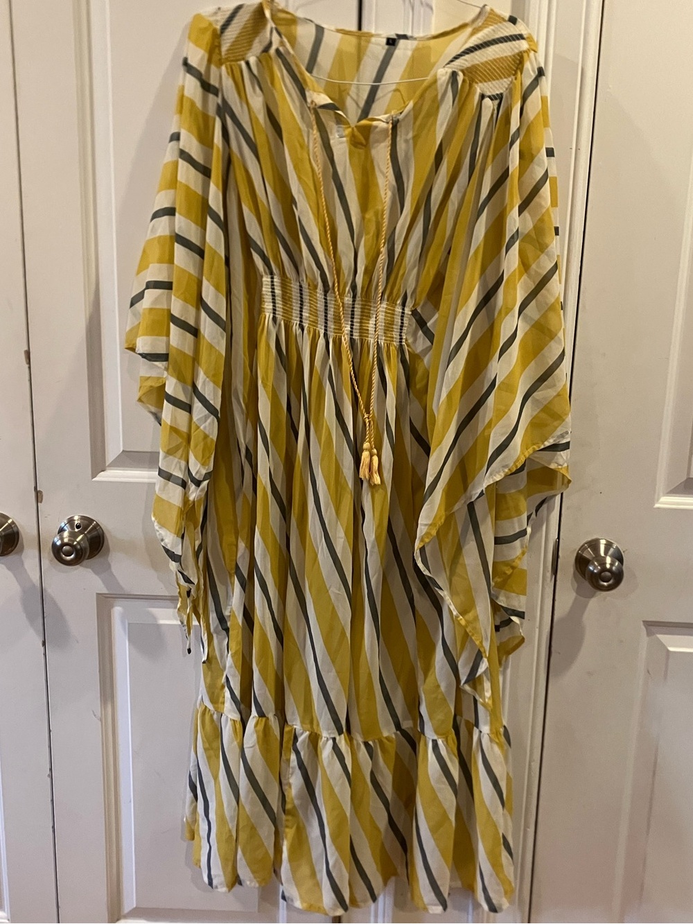 H&M Yellow and White Striped Swim Coverup with Tassel Tie